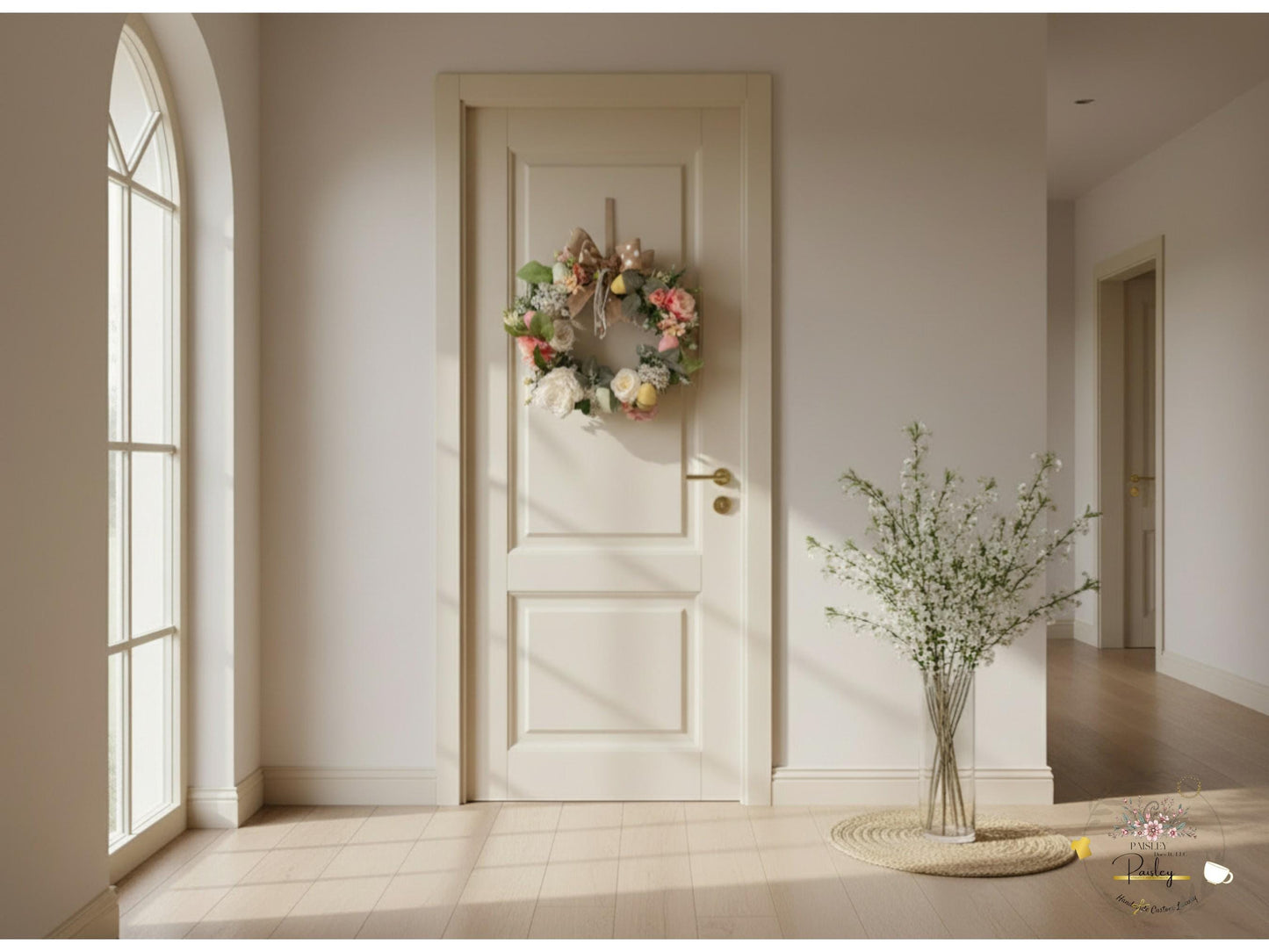 Spring wreath for Entry way and Farmhouse Style Pink & White Handmade Arrangement