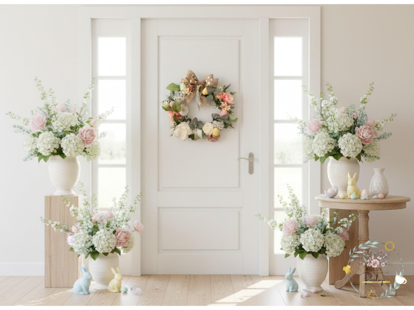 Spring wreath for Entry way and Farmhouse Style Pink & White Handmade Arrangement