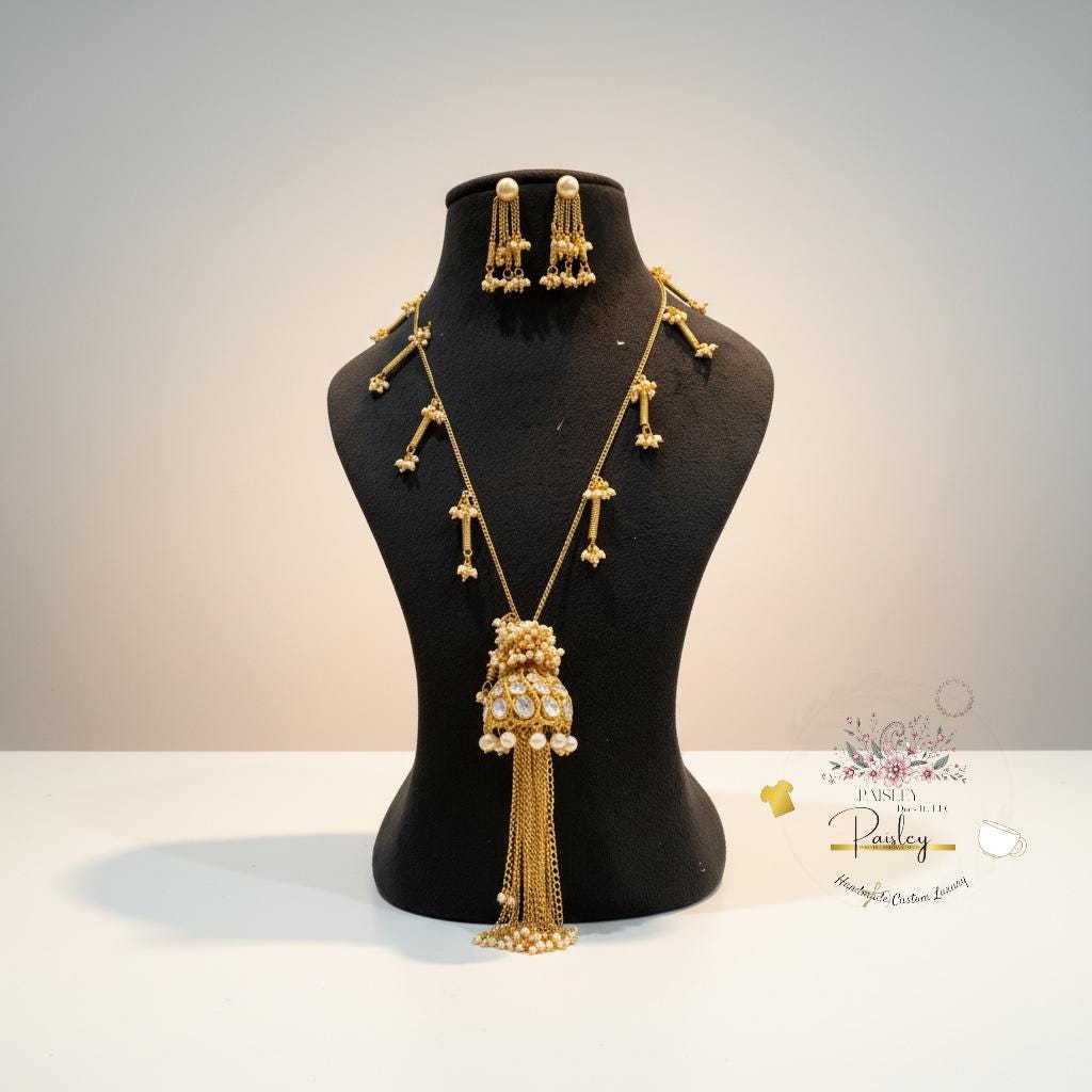 Pearl Gold Statement Necklace Set Boho Ethnic Bridal Jewelry Tassel Pendant