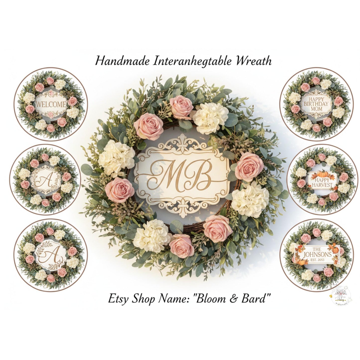 Personalized Interchangeable Wooden Sign Insert Wreath Center Monogram Family Name Welcome Door Decor Gift