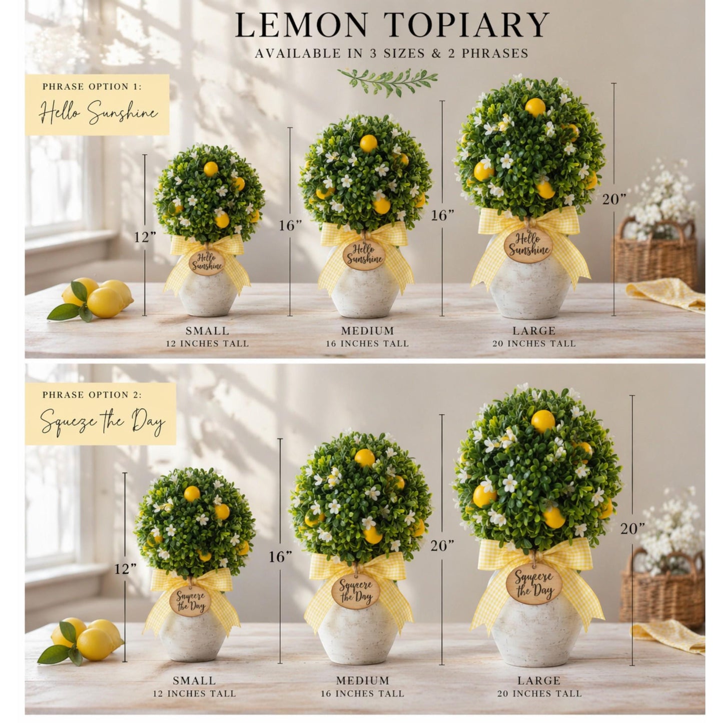 Lemon Topiary Decor | Farmhouse Kitchen Centerpiece | faux lemon plant Gift for Entryway or Tray