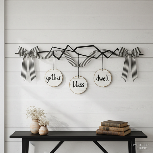 Minimalist Door Hanger – Black Metal with Burlap Ribbon