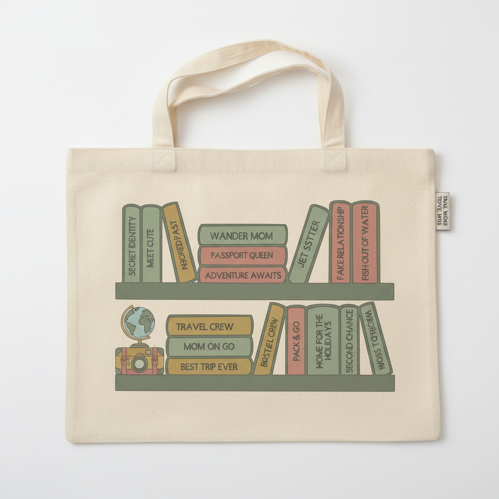 Beige tote bag with bookshelf design and text on a white background