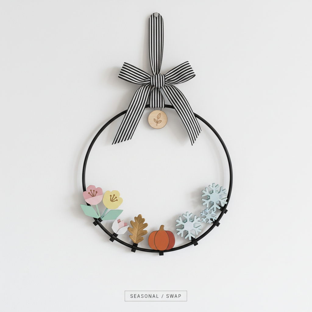 Decorative wreath with colorful autumn-themed cutouts and a striped bow on a light gray background.