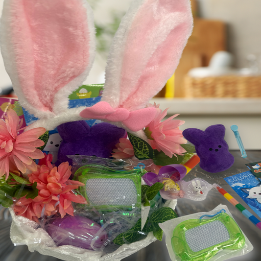 Handcrafted Basket, Purple Peeps Easter Gift Bundle featuring plush bunny, coloring books, and spring flowers by Paisley Decor It