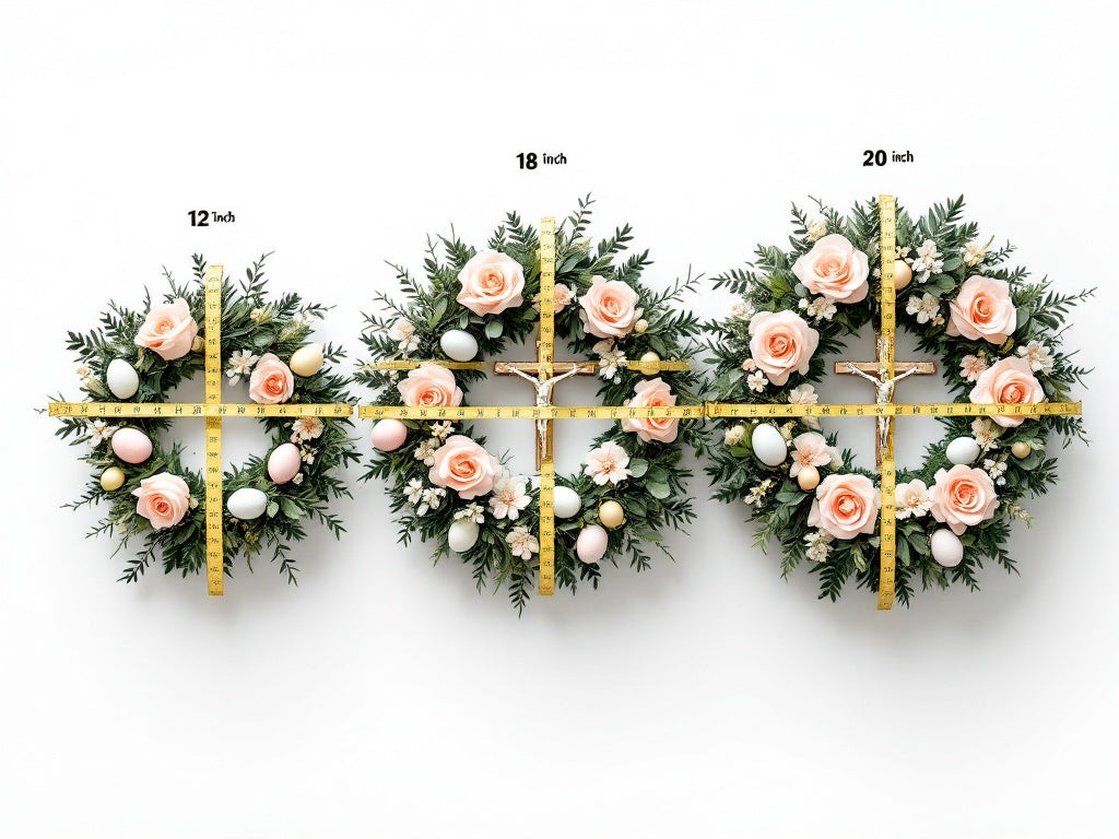 Size comparison of three handcrafted Catholic Easter wreaths by Paisley Decor It - 12-inch, 18-inch, and 20-inch sizes displayed with measuring tapes. Each wreath features blush pink roses, cream flowers, vintage-style eggs, and crucifix on grapevine base, showing clear size progression from smallest to largest
