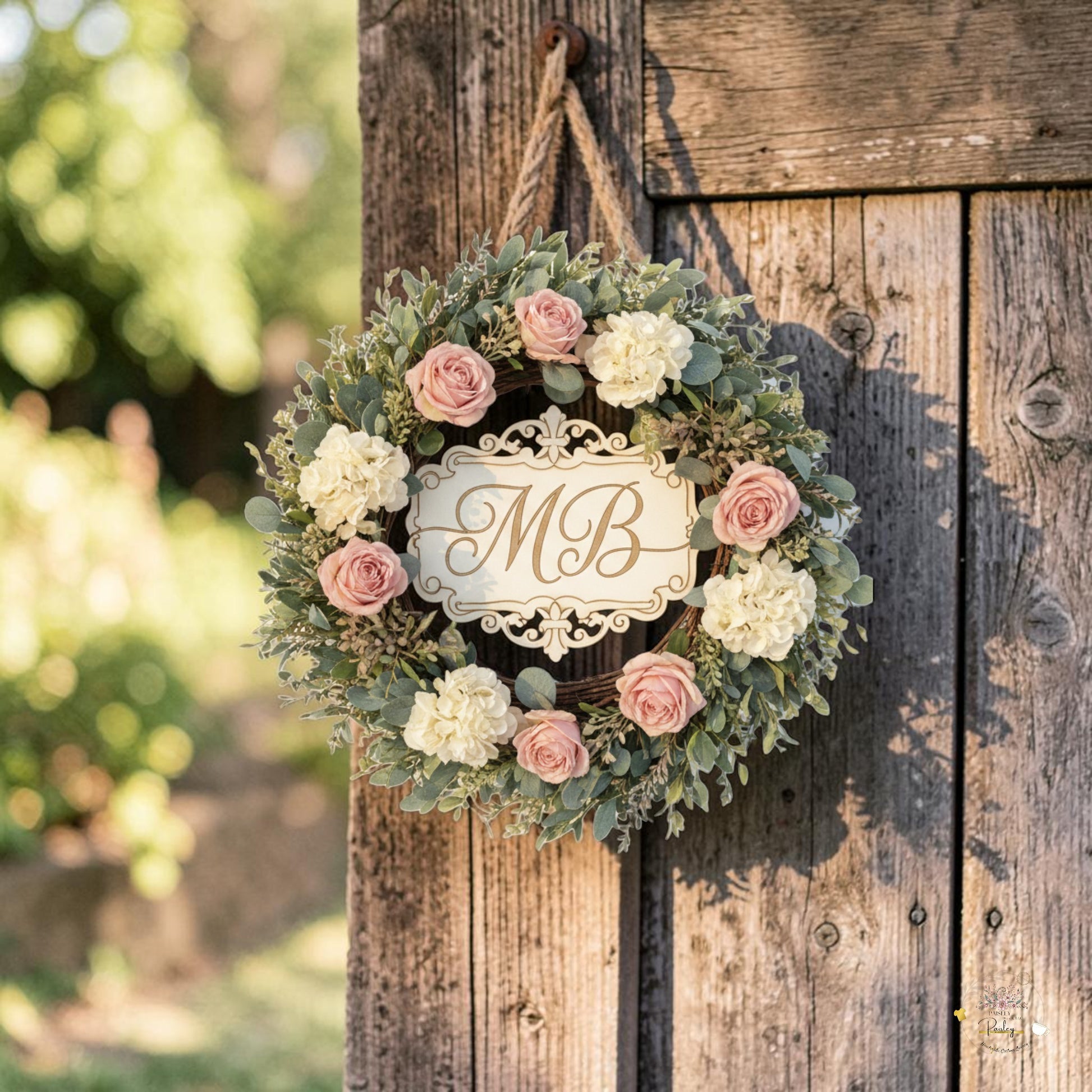 Personalized monogram wooden sign insert displayed in an interchangeable floral wreath on a front door